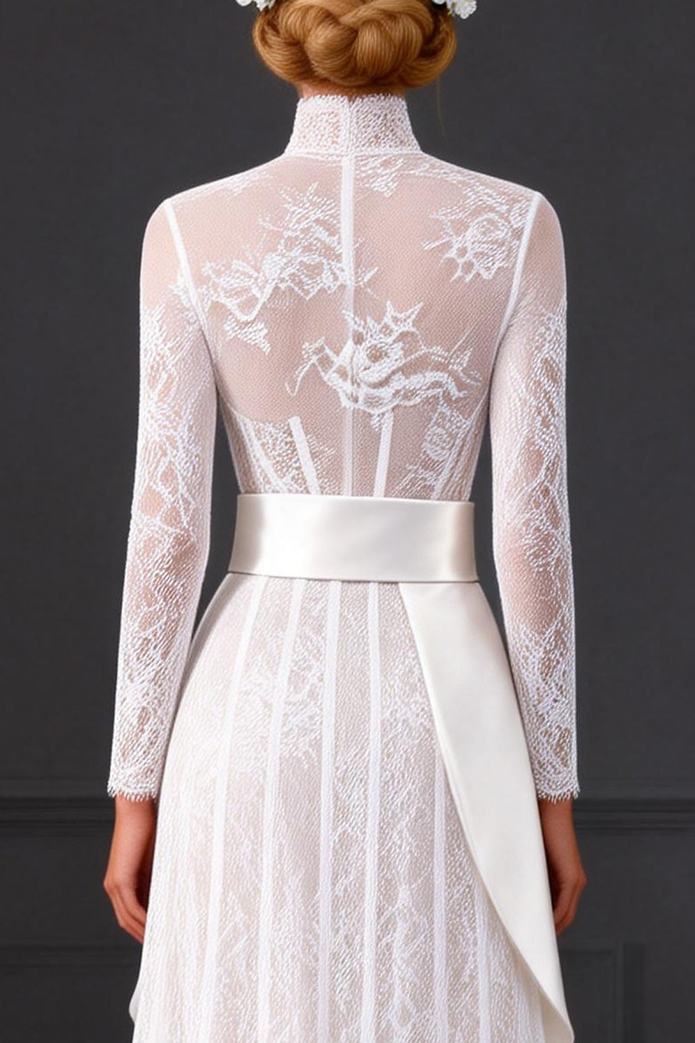 White Long Sleeves A Line High Neck Corset Boho Wedding Dress with Side Cape