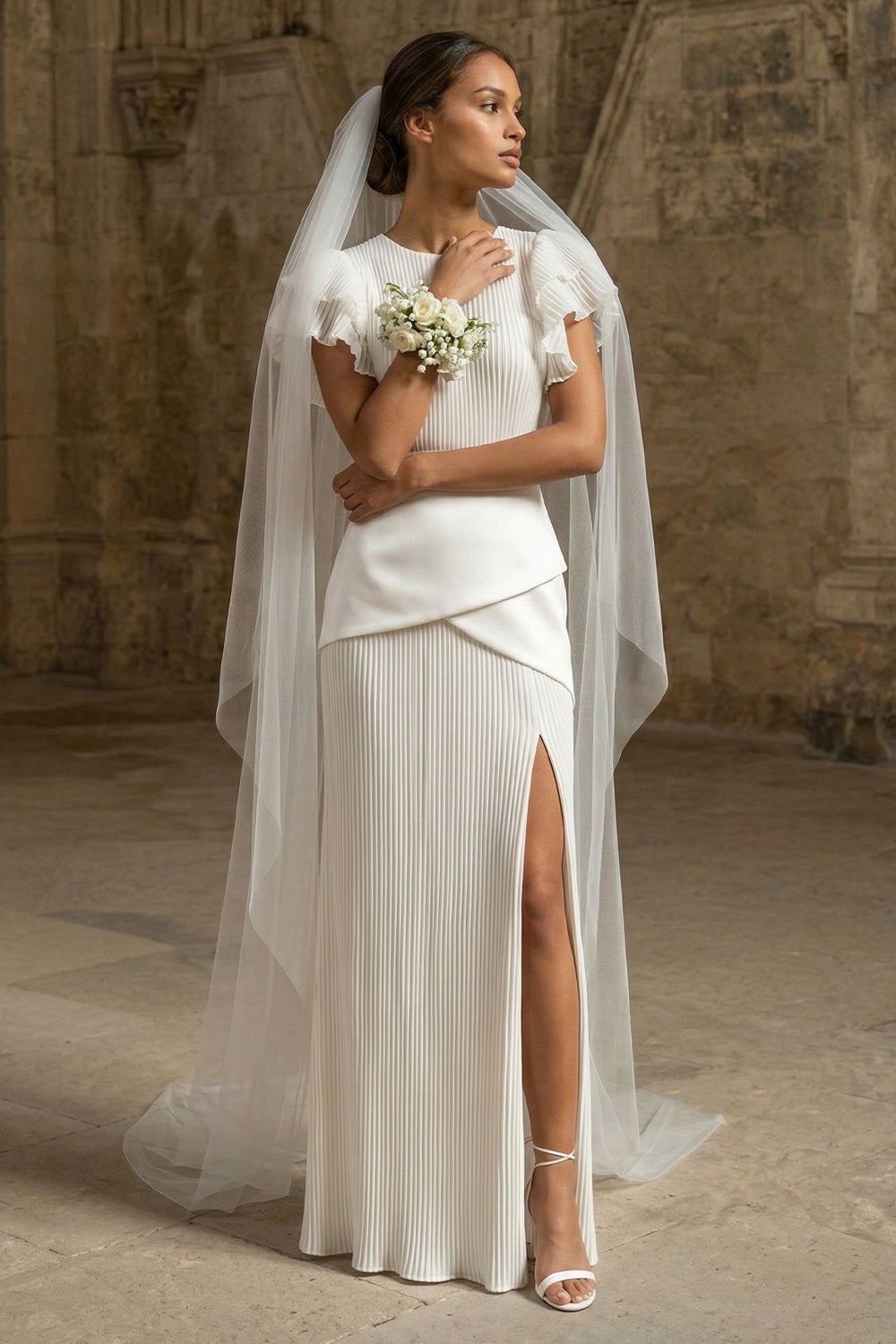 Sheath Maxi White Round Neck Pleated Beach Wedding Dress with Ruffles