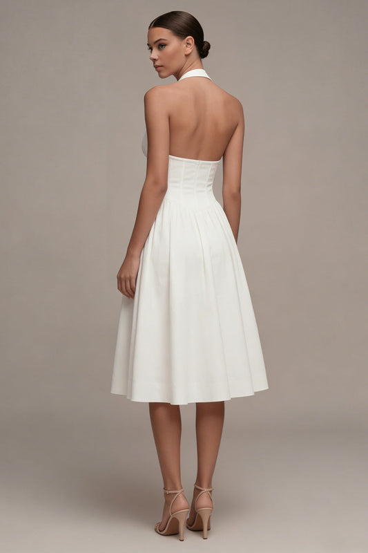 A Line Halter Midi Corset White Beach Wedding Dress