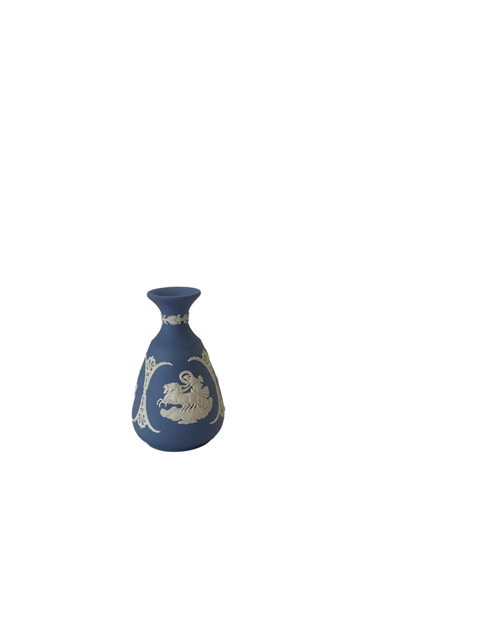LS - Vintage Wedgwood Blue Jasperware Cameo Bisque Pottery Bud Vase England 5"
