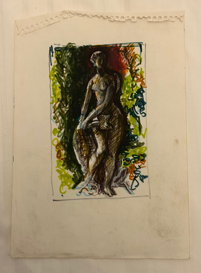 The image displays a sketch or small painting of a classical female statue