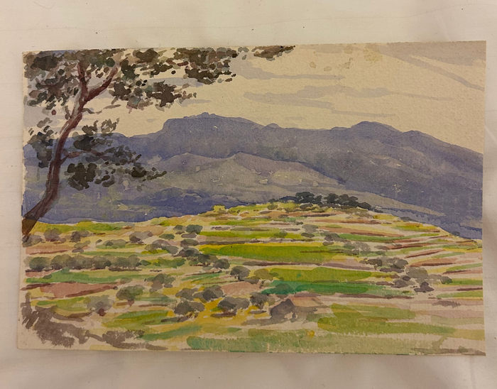 This image is an original watercolor painting depicting a landscape scene
