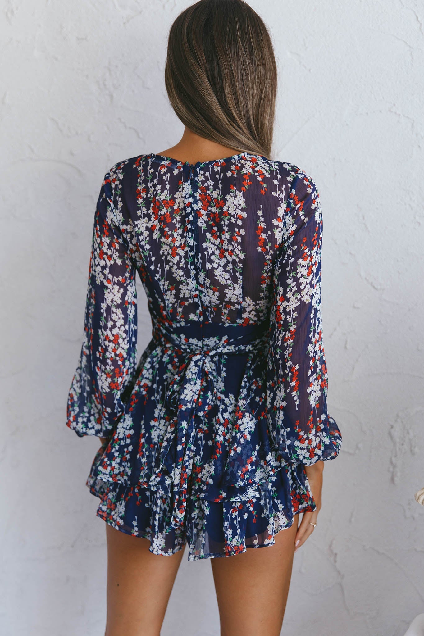 Maddox Fit & Flare Long Sleeve Romper Floral Vine Navy