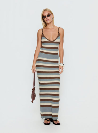 Leylana Scoop Knitted Maxi Dress Blue / Brown Stripe