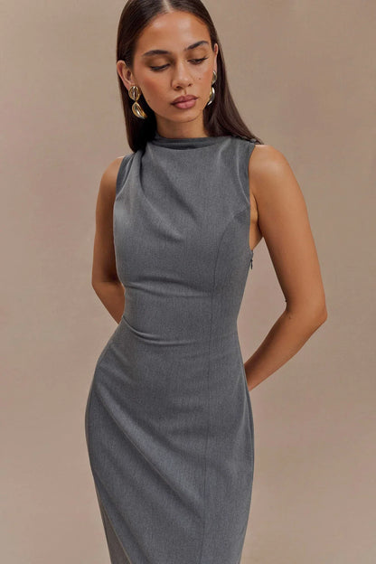 Taylor Draped Crepe Midi Dress - Charcoal Marle