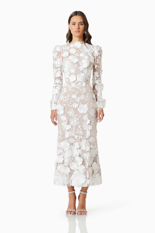 Shannon 3D Floral Midi Dress In White