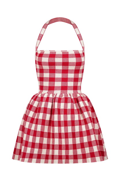 Lindsay Halter Knit Mini Dress - Red Gingham