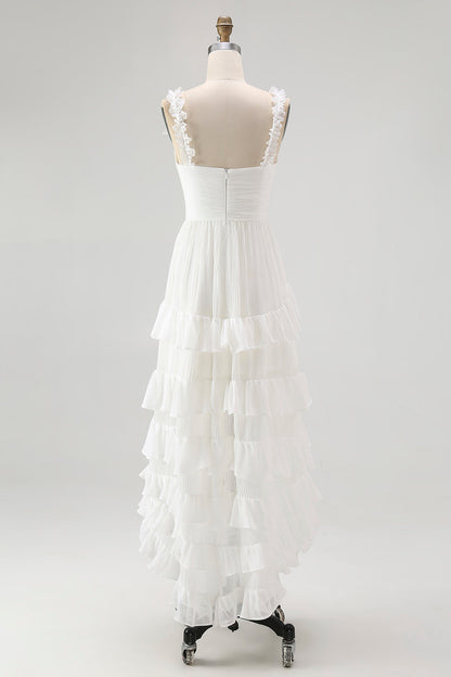 Ivory Plus Size A Line Ruffled V-Neck High-Low Tiered Western Wedding Dress