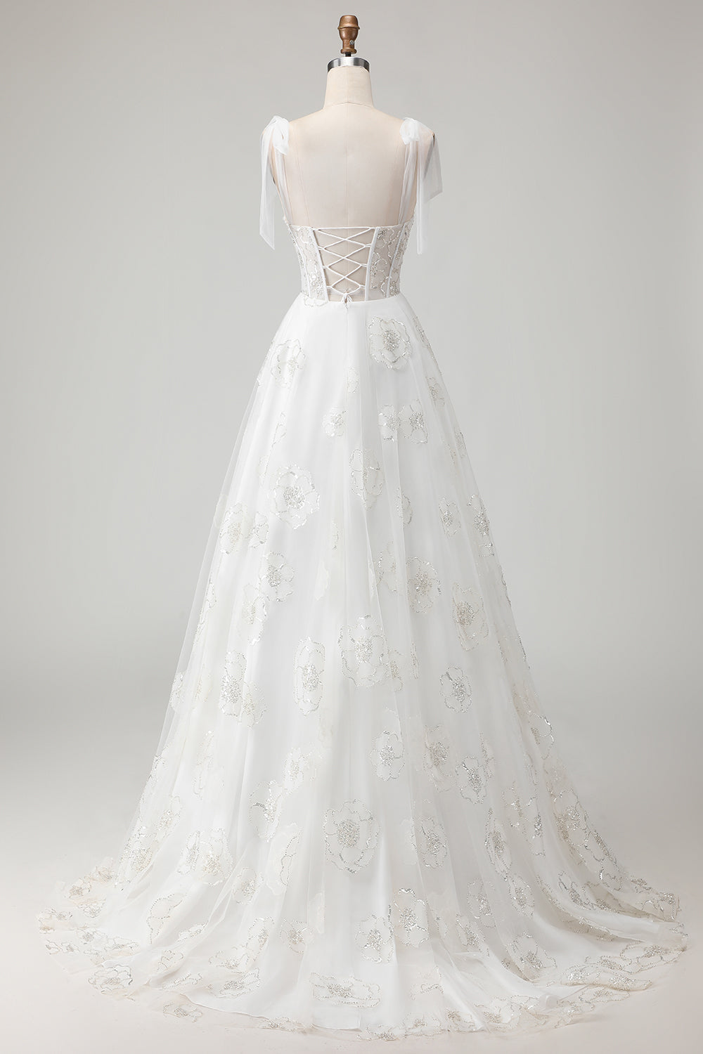 Sparkly White Floral A Line Long Corset Wedding Dress with Beading