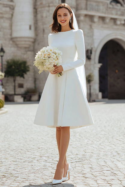 Plus Size Ivory Satin Short A Line Wedding Dress with Sleeves