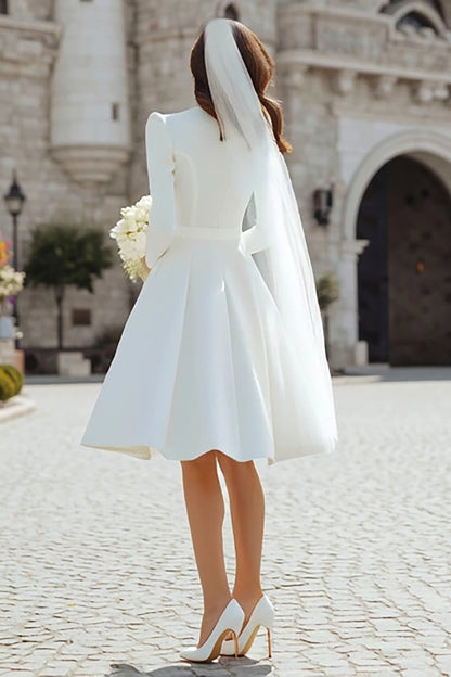 Plus Size Ivory Satin Short A Line Wedding Dress with Sleeves