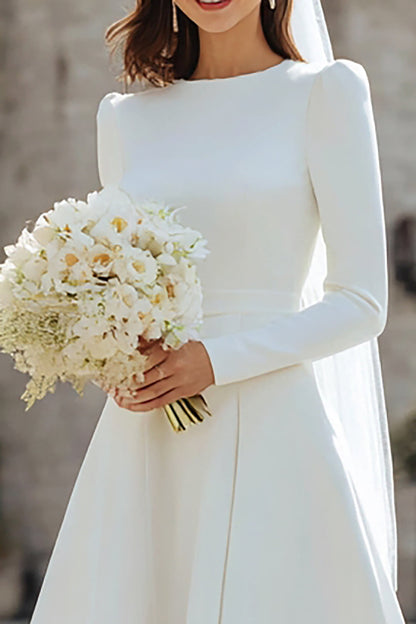 Plus Size Ivory Satin Short A Line Wedding Dress with Sleeves