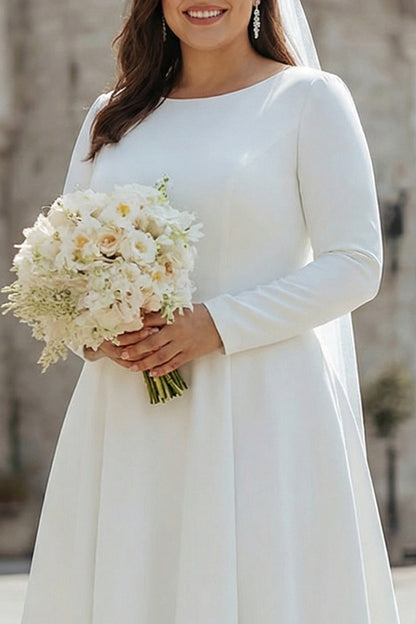 Plus Size Ivory Satin Short A Line Wedding Dress with Sleeves