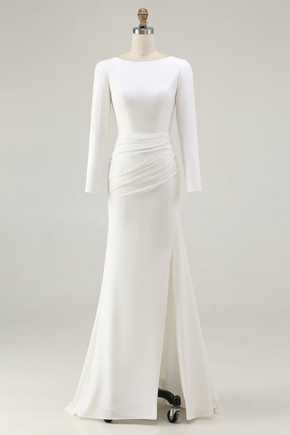 Plus Size Ivory Sheath Bateau Neck Bridal Dress with Slit