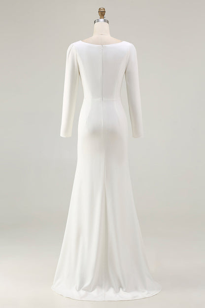 Plus Size Ivory Sheath Bateau Neck Bridal Dress with Slit
