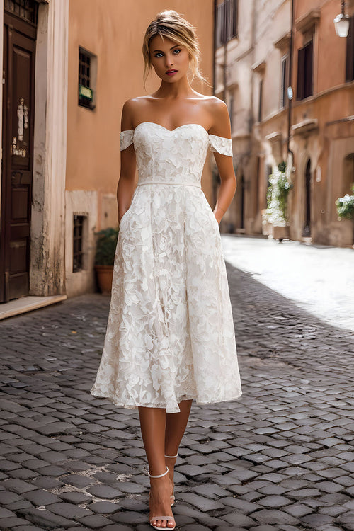 White Lace Off the Shoulder Midi Engagement Dress