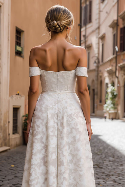 White Lace Off the Shoulder Midi Engagement Dress