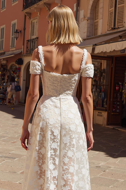 White Cold Shoulder Lace A Line Midi Engagement Dress