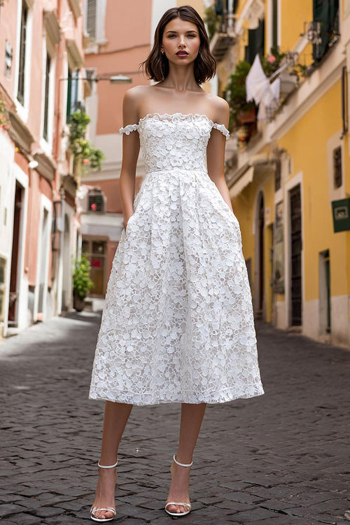 White Lace Off the Shoulder A Line Midi Engagement Dress