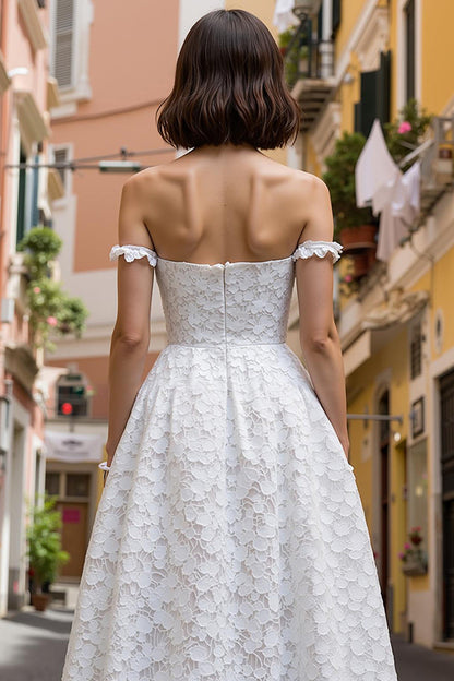 White Lace Off the Shoulder A Line Midi Engagement Dress