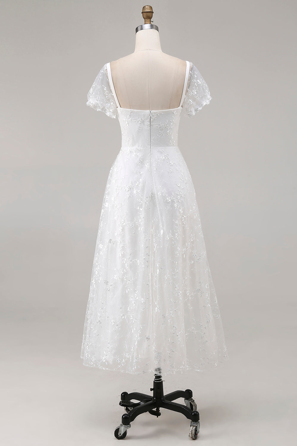 Ivory Lace Square Neck Midi Engagement Dress with Sleeves