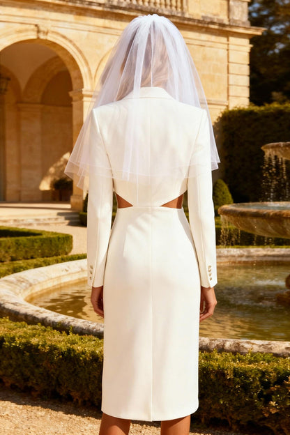 White Peak Lapel Cut Out Midi Blazer Wedding Dress with Slit