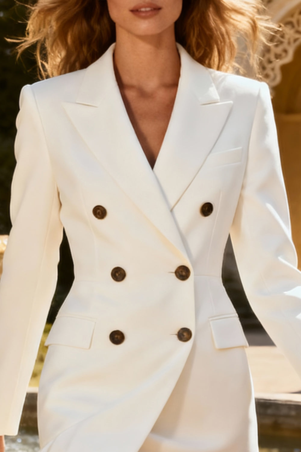 White Peak Lapel Double Breasted Ruffled Short Blazer Wedding Dress