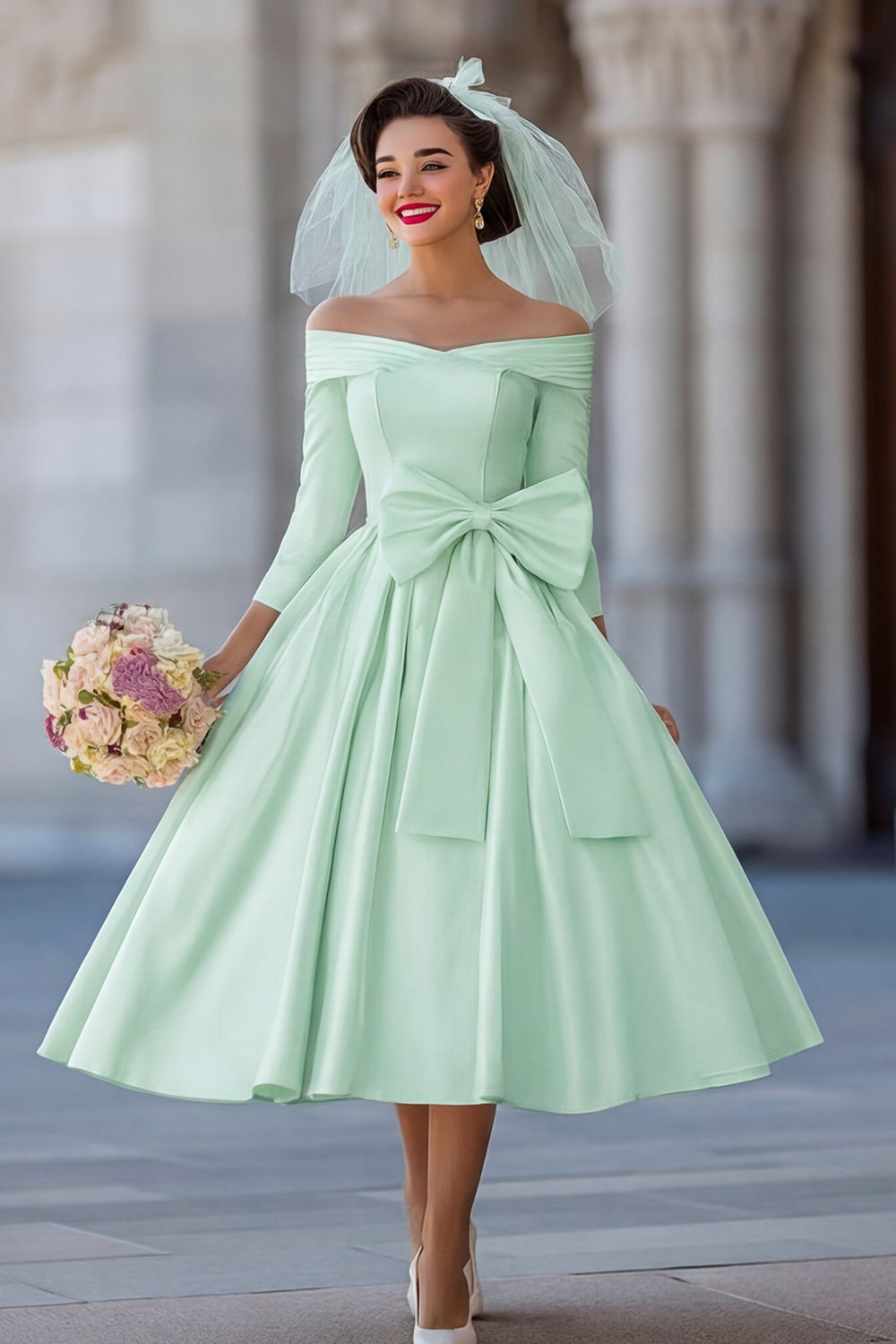 Ivory A Line Off the Shoulder Midi Wedding Dress with Bow