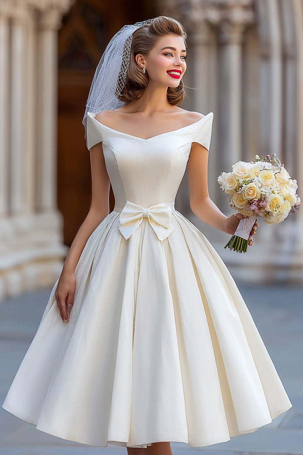 Ivory A Line Backless Off the Shoulder Midi Wedding Dress with Bow