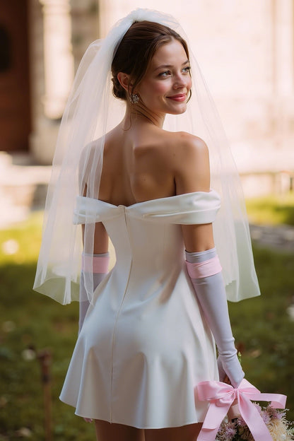 White Off the Shoulder A Line Short Wedding Dress