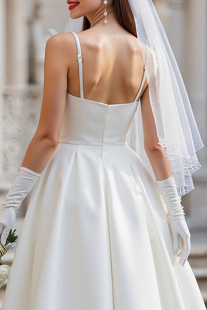 White Spaghetti Straps Satin A Line Midi Wedding Dress