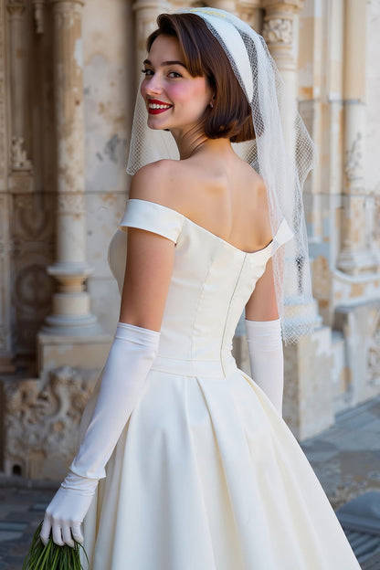 White Off the Shoulder Satin Midi Wedding Dress with Bow