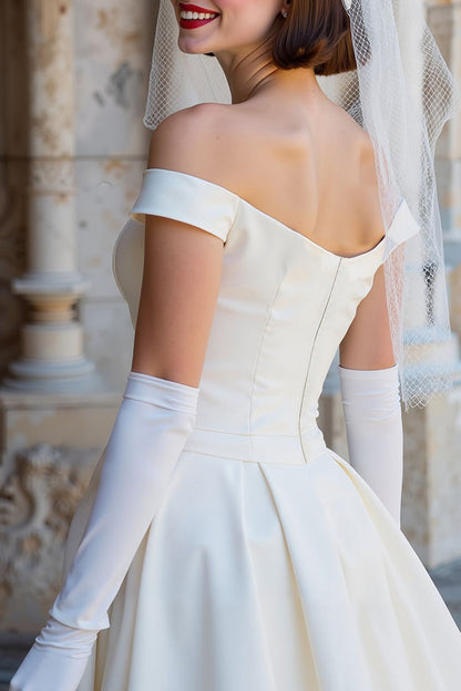 White Off the Shoulder Satin Midi Wedding Dress with Bow