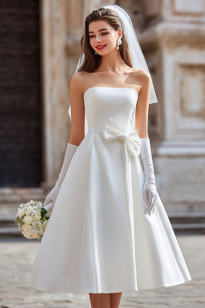White Strapless A Line Satin Midi Wedding Dress with Bow