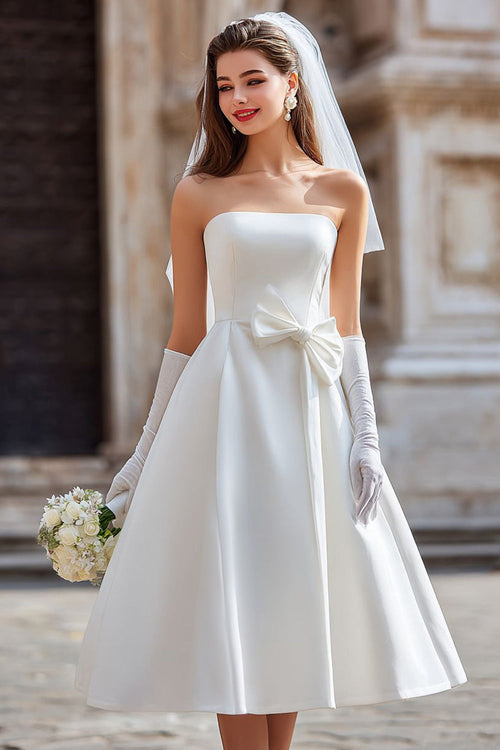 White Strapless A Line Satin Midi Wedding Dress with Bow