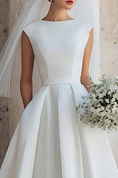 White A-Line Satin Bateau Neck Backless Midi Wedding Dress