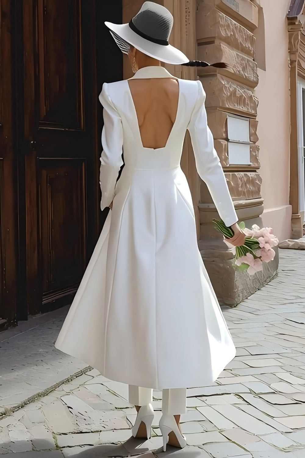 Peak Lapel Ivory 2 Piece Long Blazer Wedding Pant Suits with Sleeves