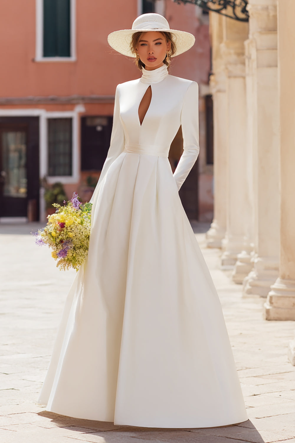 Vintage Ivory A Line High Neck Floor Length Wedding Dress with Sleeves