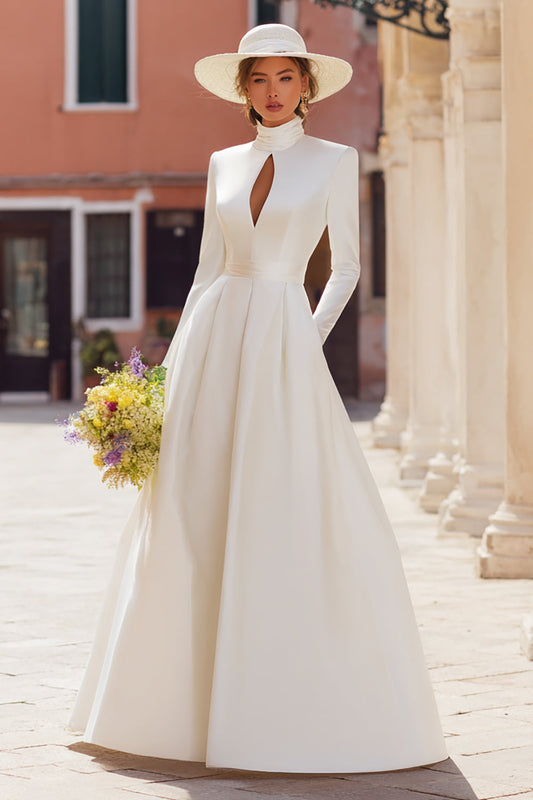 Vintage Ivory A Line High Neck Floor Length Wedding Dress with Sleeves
