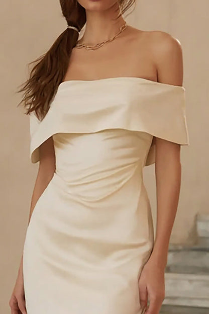 Ivory Satin Mermaid Tiered Ruffled Midi Engagement Dress