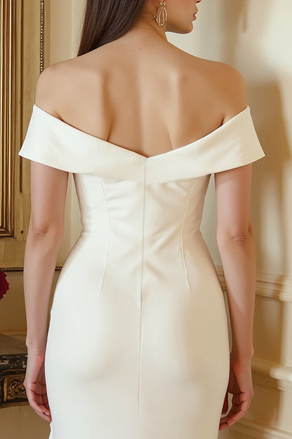 Ivory Satin Bodycon Off the Shoulder Midi Engagement Dress with Slit