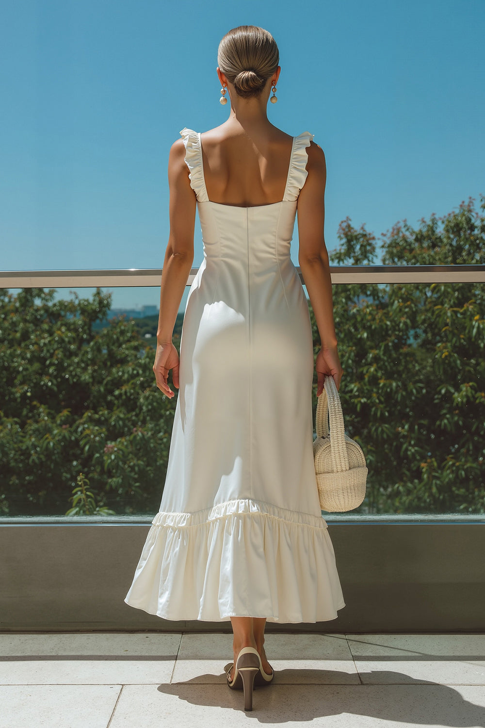 Ivory Satin Square Neck Long Wedding Reception Dress with Ruffles