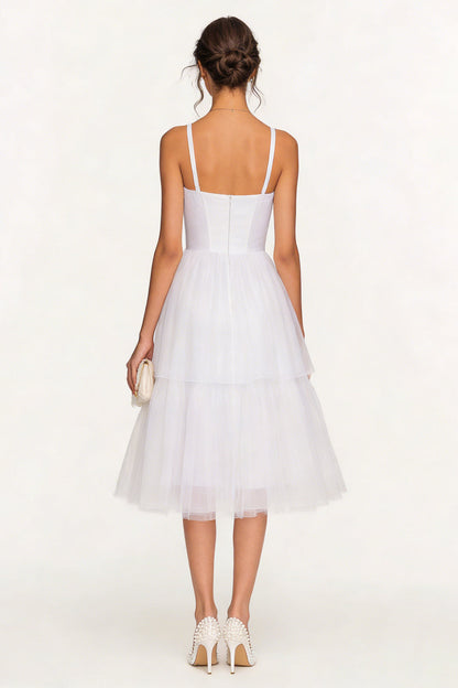White Tulle Spaghetti Straps Tiered Midi Corset Bridal Shower Dress