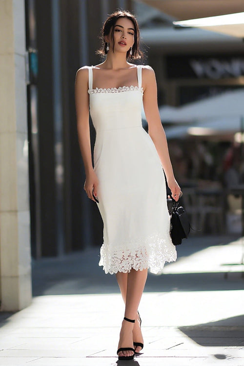 Ivory Square Neck Satin Midi Engagement Dress with Lace