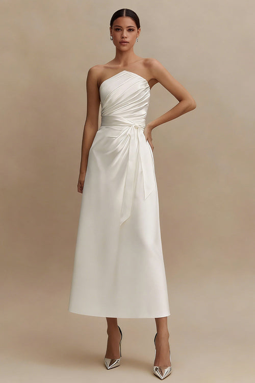White A Line Strapless Ruched Midi Engagement Dress