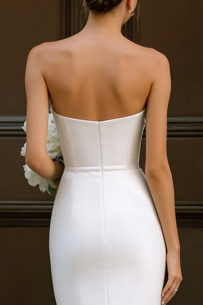White Strapless Bodycon Midi Engagement Dress with Bow