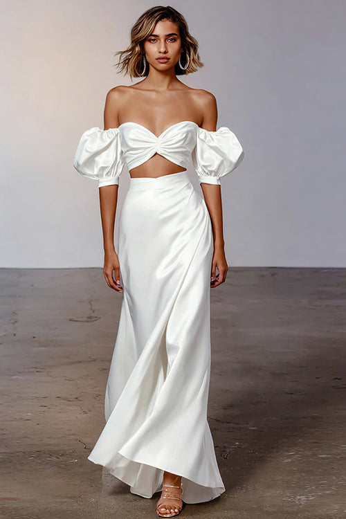 White Sheath Puff Sleeves Satin Long Engagement Dress