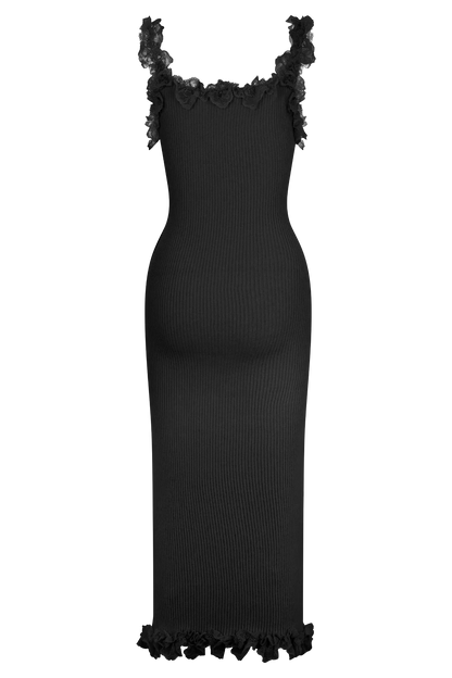 Shay Lace Ruffle Knit Midi Dress - Black