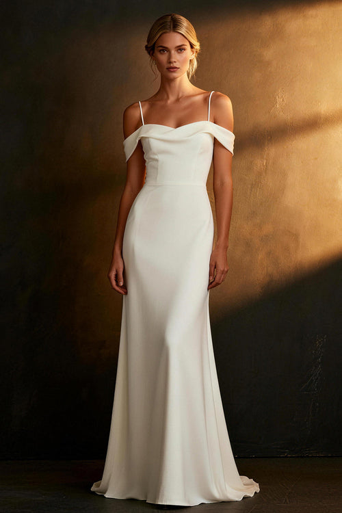 White Satin Cold Shoulder Mermaid Floor Length Wedding Dress