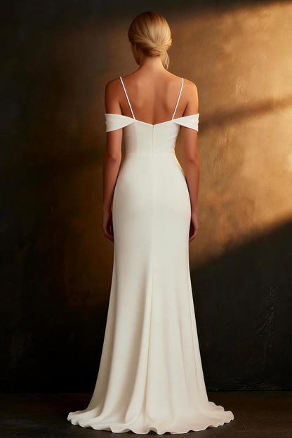 White Satin Cold Shoulder Mermaid Floor Length Wedding Dress